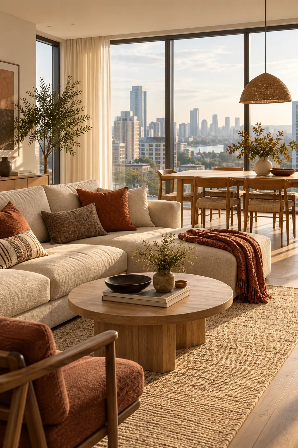 Illustrative sunlit furnished apartment with a comfortable sofa and oak furnishings.