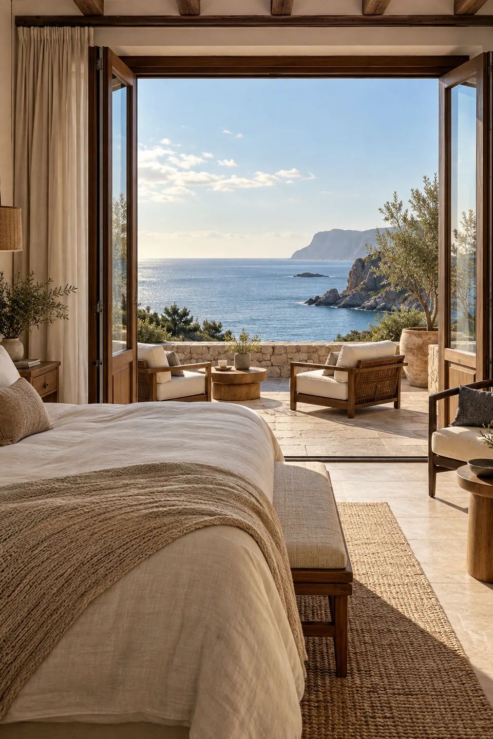 Illustrative hotel room with soft linens, natural wood, and a coastal terrace.